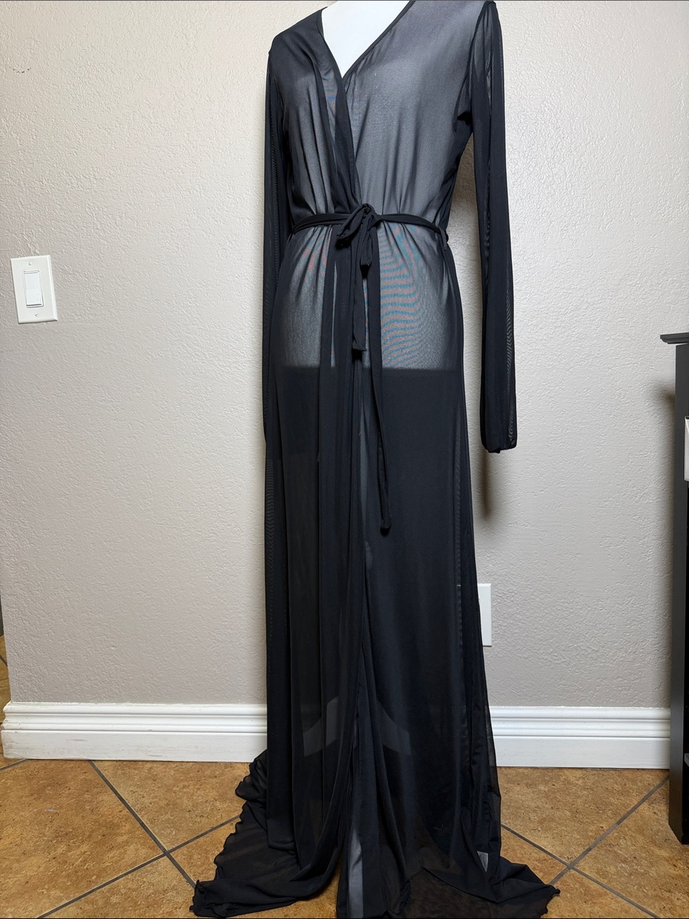 Black Sheer Long Sleeve Tie-Waist Maxi coverup